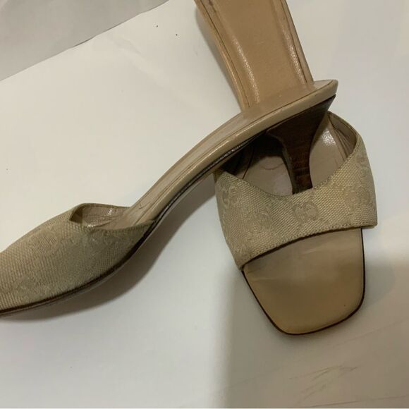 GUCCI Mules Sandals Heel GG Canvas Beige neutrals low heels size 8 B - Picture 4 of 14